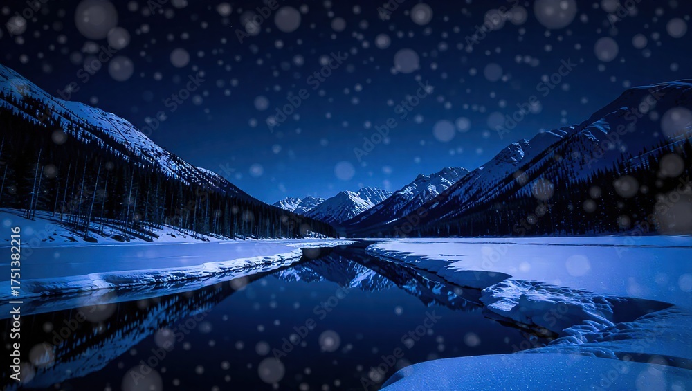 Fototapeta premium Serene Winter Night Landscape with Snowfall over Icy Lake and Mountains.