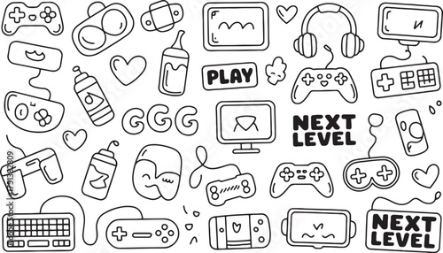 A collection of hand drawn black and white gaming doodles including controllers keyboards and screens