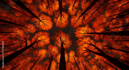 Stunning autumn forest canopy with fiery orange leaves reaching toward the sky creates a dramatic and immersive natural scene, perfect for seasonal designs and evocative background.