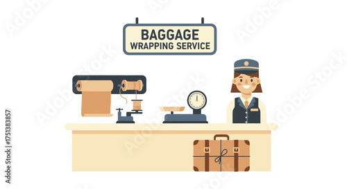 Friendly Baggage Wrapping Service with Attendant in Flat Vector Style