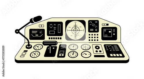 Illustration of a retro spacecraft control panel with various interfaces