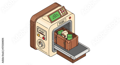 Isometric concept showcasing a baggage scanner with suitcase passing through