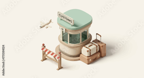 Isometric Customs checkpoint terminal with luggage and aircraft illustration