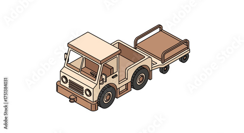 Isometric delivery truck with trailer in neutral colors and black outlines