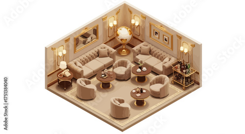 Isometric drawing opulent living room with vintage decor and bar cart