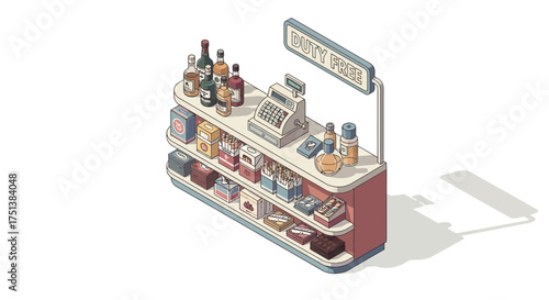 Isometric Duty-Free Store Shelf Illustration with Product Variety