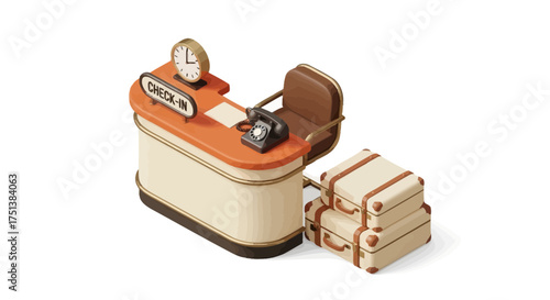 Isometric hotel check-in counter with vintage suitcase and telephone