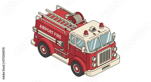 Isometric Illustration of a Classic Red Airport Fire Truck Vehicle