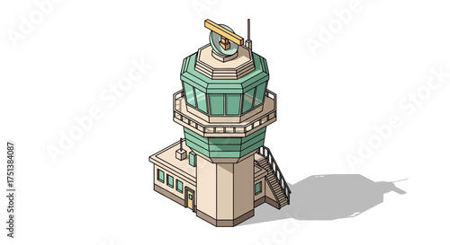 Isometric Illustration of a Detailed Air Traffic Control Tower on White