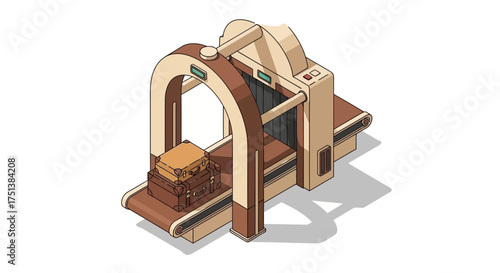 Isometric representation of luggage scanning machine with travel bags