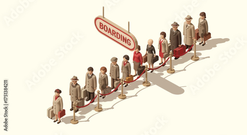 Isometric retro queue with people waiting to board a plane or train scene