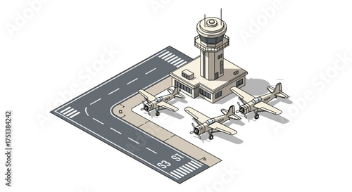 Isometric view of an airport scene featuring vintage airplanes and tower