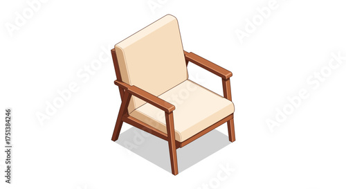 Isometric vintage armchair with wooden frame and cream colored cushion