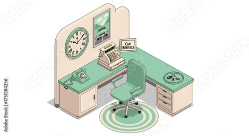 Isometric vintage car rental office setup filled with classic elements