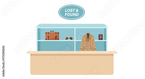 Lost and found items at a service counter, flat design illustration