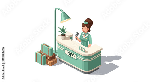 Retro travel information desk with a staff and vintage suitcases illustration