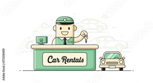Smiling car rental agent holding a key in front of a desk illustration