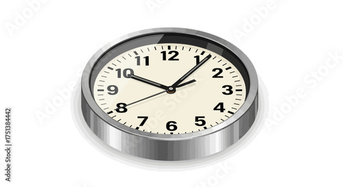 Stylish metallic wall clock indicating the time, ten minutes past one