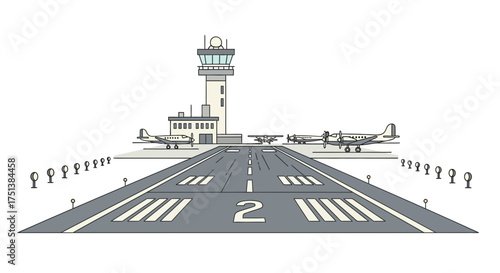 Stylized Airport Scene Depicting Runway and Control Tower in Flat Design