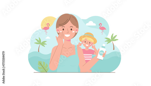 Happy mother and child apply sunscreen on a tropical vacation promoting skin protection