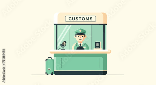 Stylized Customs Officer at Border Control with Passport and Suitcase