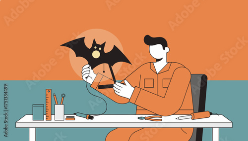 Person assembling a glowing bat decoration using tools depicting craft hobby or DIY project