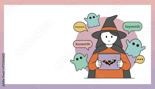 Witch character with friendly ghosts and tablet showing keywords for Halloween business strategy