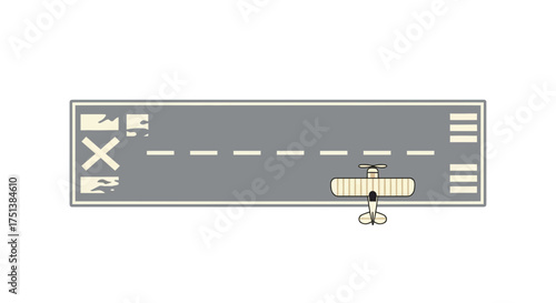 Stylized top-down view of a small vintage airplane on a runway layout