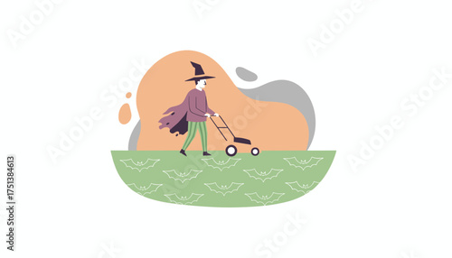 Wizard character mowing a lawn with bat patterns combining fantasy and everyday chores Halloween
