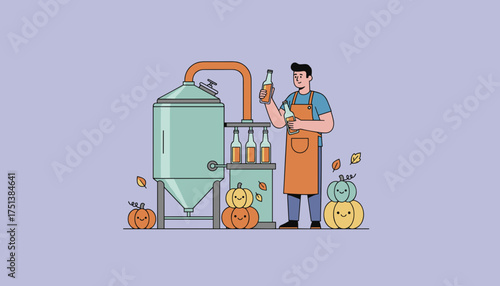 Man bottling seasonal pumpkin craft beverage in a happy autumn brewery setting