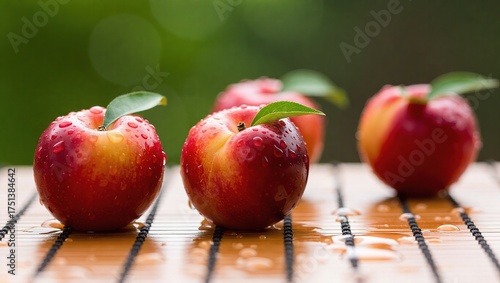 Fototapeta Naklejka Na Ścianę i Meble -  Fresh Nectarines on Wooden Surface with Water Droplets.