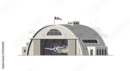 Vintage aircraft hangar with airplane, nostalgic aviation facility scene