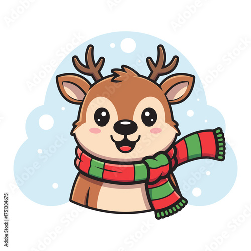 Cute cartoon reindeer with Christmas scarf  smiling character illustration