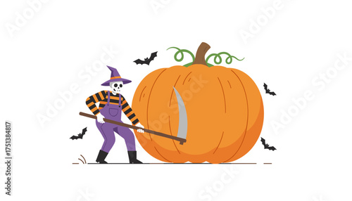 Spooky skeleton with a wizard hat and scythe preparing a giant pumpkin surrounded by bats Halloween concept