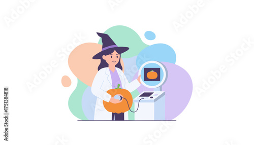 Witch in lab coat performs ultrasound on pumpkin for Halloween Science and spooky fun