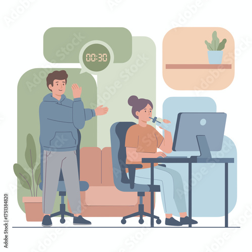 Couple taking a short health break man stretches woman hydrates while working Focus on wellness