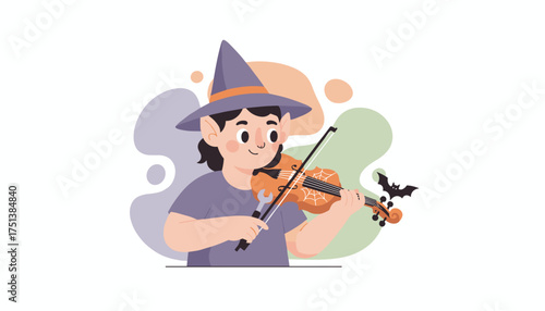 Happy elf witch playing a Halloween violin with a wrench bow Spooky fun for music themes