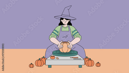 Creative witch making a Halloween pumpkin on a pottery wheel Autumn craft hobby lifestyle