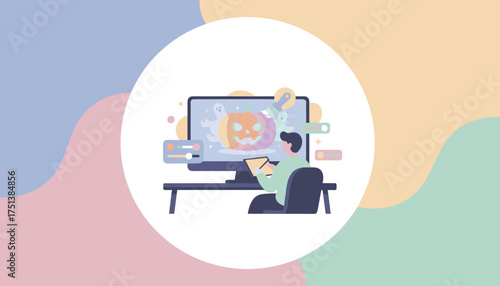 Designer creates vibrant Halloween pumpkin and ghost illustration on computer with graphic tablet