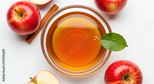 Vinagre de maçã em tigela de vidro visto de cima com maçãs frescas isoladas em fundo branco