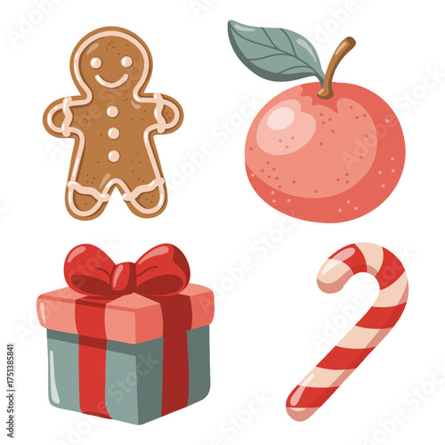 Hand drawn winter set with gingerbread man, candy cane, tangerine and gift box. Cartoon vector illustration on white background