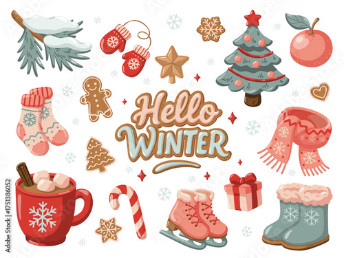 Winter clip art set with Christmas elements and Hello Winter lettering. Cartoon hand drawn vector isolated illustration
