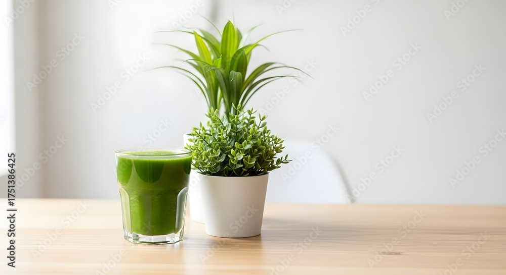 Fototapeta premium A glass of green smoothie with two potted plants on a wooden table against a white background wall