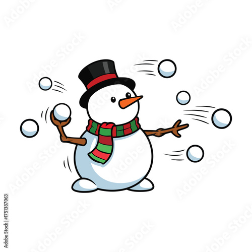 Playful cartoon snowman wearing a hat and scarf throwing snowballs in a winter scene