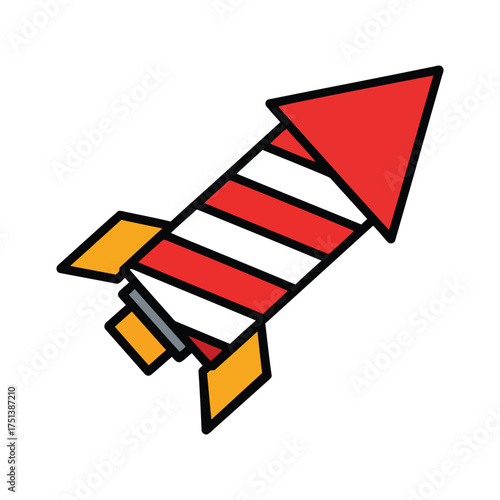 Colorful cartoon rocket ship with red and white stripes launching upwards into the sky