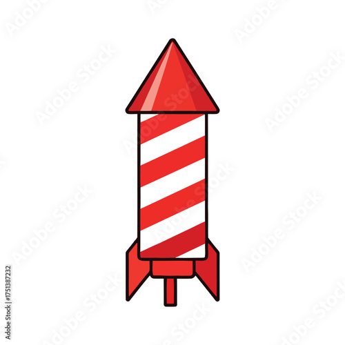 Bright red and white striped cartoon rocket firework with fins and a pointed top