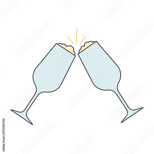Two champagne flutes clinking together in a toast with sparkling bubbles and light flares