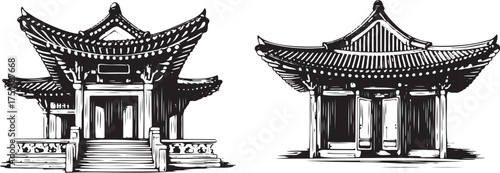 Vintage Engraving of Traditional Korean or Chinese Pavilion Architecture Set.