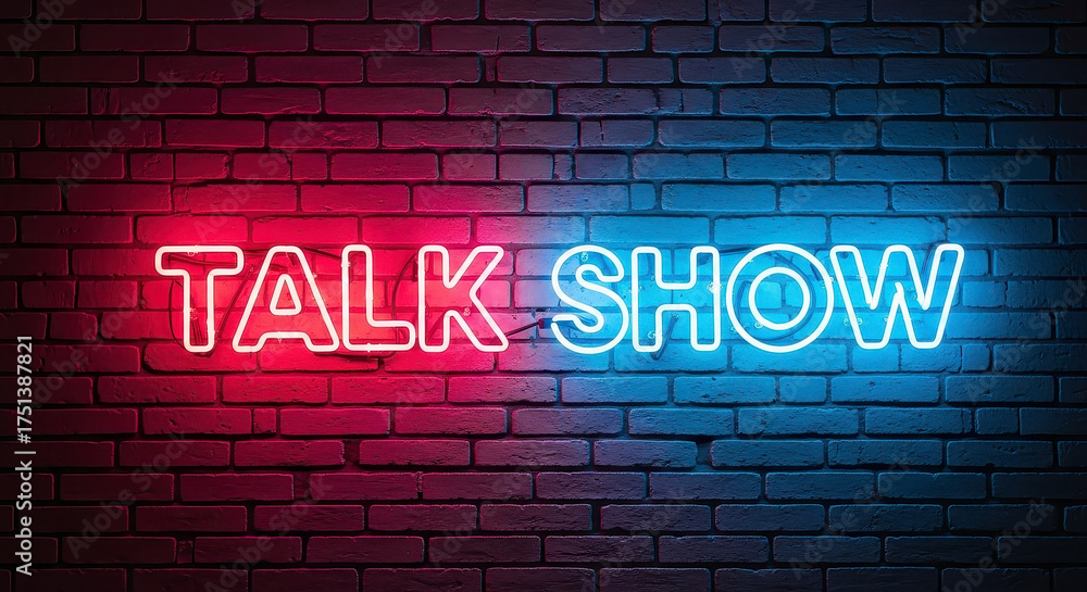 Fototapeta premium Neon 'Talk Show' sign on brick wall.