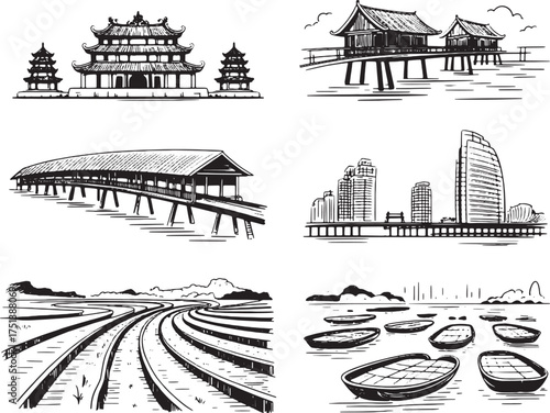 Vintage Engraving Set of Vietnam infrustracture: Floating Houses, Temple, Bridge, and Modern Skyline.